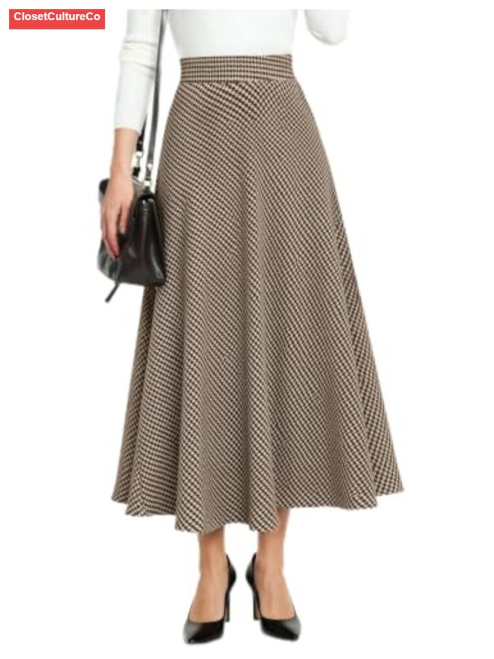 Plaid A-Line Midi Skirt with Pockets Elastic Waist Flowy